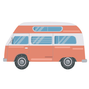 Retro van, icon, object isolated on white background. Pink house on wheels for traveling. Life in a van.