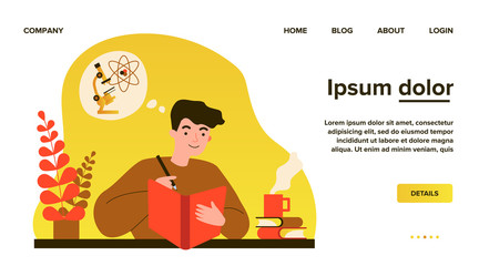 Student guy studying chemistry. Man reading book, microscope and molecule in thought bubble flat vector illustration. Education, science concept for banner, website design or landing web page