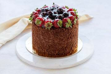strawberry birthday cake on white background