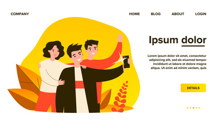 Selfie with friends flat vector illustration. Cartoon happy people smiling and taking group portrait photo. Friendship and technology concept