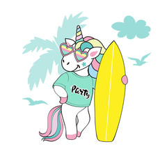 Unicorn with a surfboard on a background of palm trees on a white background. Summer concept, vacation