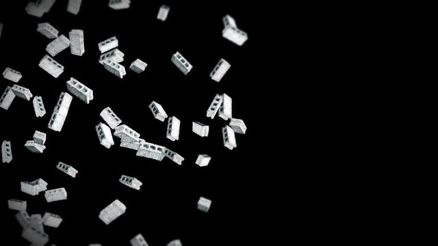 Flying many concrete bricks on black background. Miniature model, Cement, Construction. 3D animation of gray blocks rotating. Loop animation.