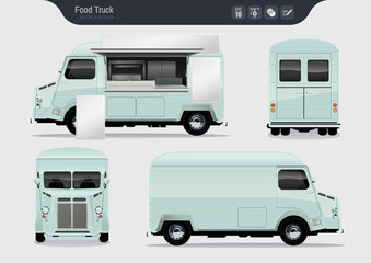 Isolated Realistic Food Truck. Fast-Food Truck Vector Template for Brand Identity. 