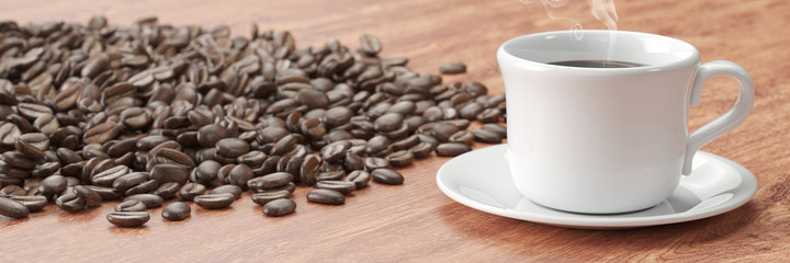 Tasse Kaffee neben frischen Kaffeebohnen als Header