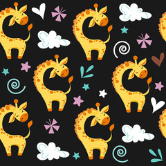 Cute giraffe, clouds, flowers and leaves on a black background seamless pattern. Concept baby