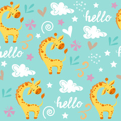 Cute giraffe, clouds, flowers and leaves on a blue background seamless pattern. Concept baby