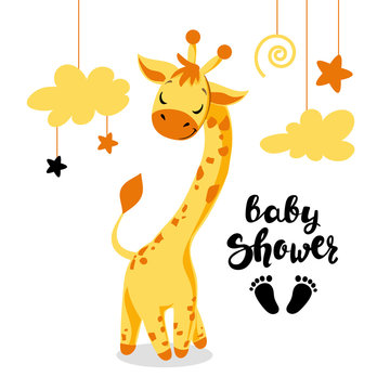 Cute giraffe in the clouds and the inscription baby shower on a white background. Newborn concept