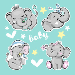 Set of elephants for children on a blue background. Newborn concept. Vector illustration