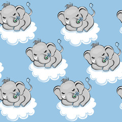 Vector illustration of a sleeping elephant on a cloud seamless pattern on a blue background