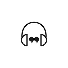 black headphones and quotation marks icon. Flat vector earphones, headset icon isolated on white.