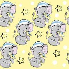 Vector illustration with cute elephant in a blue hat for sleeping on a yellow background for children seamless pattern. Newborn concept