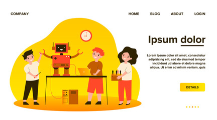 School robotics project. Group of children with laptop and remote control creating cyborg, presenting humanoid robot. Flat vector illustration for childhood activity, education, innovation concept