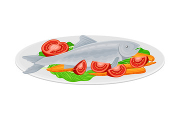 Fish with Vegetables and Greenery as Seafood Dish Vector Illustration