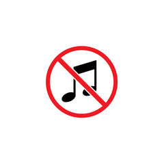 black music note in red crossed circle isolated on white background.