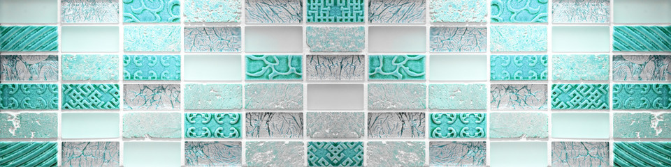 Turquoise aquamarine gray grey white abstract grunge seamless glass rectangle mosaic tile mirror wall texture background banner panorama