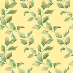 Seamless watercolor pattern with green leaves on a colored background. Delicate colors, Apple twigs. Print for fabrics, curtains, wedding decoration, clothing.