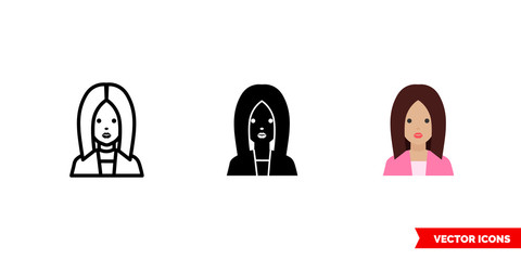 Woman icon of 3 types color, black and white, outline. Isolated vector sign symbol.