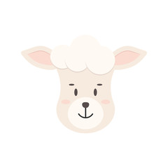 Cute farm sheep head icon isolated on white background. Milk dairy or wool farm product design element. Vector face lamb animal character illustration in cartoon flat style.