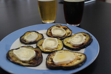 grilled aubergines with goat cheese and honey