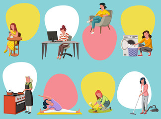 Beautiful cartoon woman. Modern women working.
