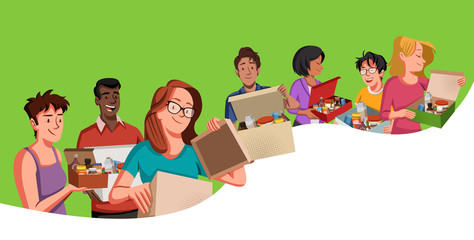 Group of cartoon people holding boxes with products. People with shop boxes.
