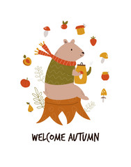 Funny bear in a scarf and sweater with teapot. Autumn illustration