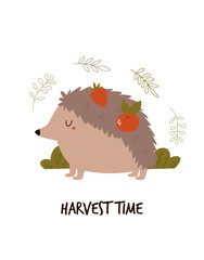 Cute hedgehog with fruits on his back. HARVEST TIME text