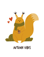 Funny squirrel in scarf with nut. Forest animal. Vector illustration