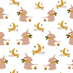 Cute seamless pattern with funny cute rabbits and marshmallows. Nursery vector illustration