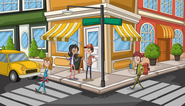 Street of a city with cartoon young people