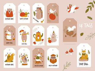 Big autumn set of tags, labels with cute forest animals.