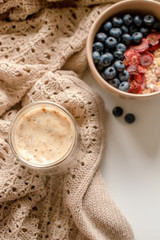 Breakfast with granola, coffee and cakes