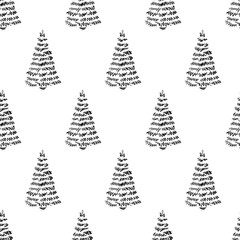Hand-drawn abstract pine pattern for new year. Christmas tree seamless black and white background. EPS 8