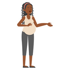 Pregnant woman standing and touching belly vector isolated. Young mother expecting baby. Happy female african american character holding belly.