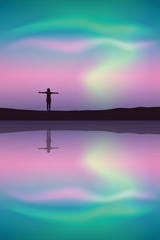 girl by the lake at beautiful colorful aurora borealis vector illustration EPS10