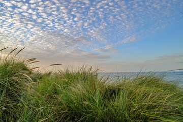 A view over the North Sea at Cart Gap beach on the North Norfolk coast from high up in the sand dunes