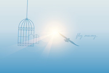 bird flies out of the cage into the sunny sky vector illustration EPS10