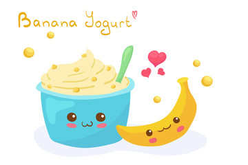 Kawaii Banana Yogurt vector character isolated on white background. Funny smiling fruits flavored yogurt with lettering. Cute yummy dairy product illustration. Wrapping paper, kids menu concept. 