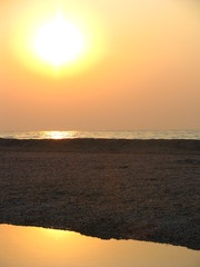 Wschód słońca nad morzem Azowskim przy brzegu pełnym muszelek, Ukraina © vofchok