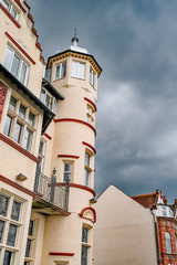 Looking up at a Victorian hotel and guesthouse in the seaside town of Cromer in Norfolk