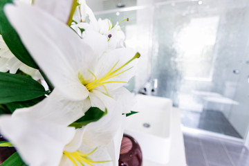 A vase with flowers in front of a mirror in the bathroom
