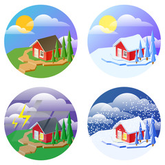 Vector illustration of 4 different seasons and weather. Summer and winter solated on white.