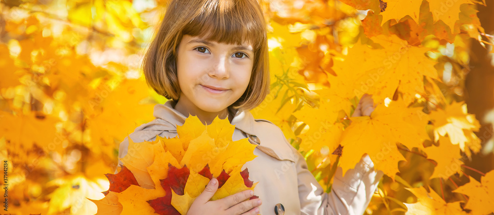 Wall mural Children in the park with autumn leaves. Selective focus.