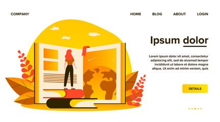Student girl standing at open book, studying global literature, training skills. Flat vector illustration for education, knowledge, school, library concept