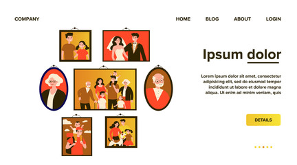 Pictures of happy family in frames on wall. Just married couple, parents, children, senior people framed photos. Vector illustration for photography, togetherness, dynasty, home gallery concept