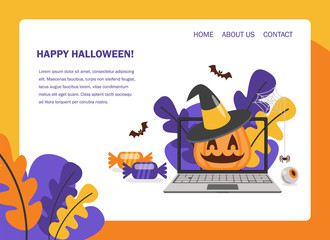 Vector landing page illustration of laptop with  orange jack-o-lantern and halloween decorations. Computer isolated on white