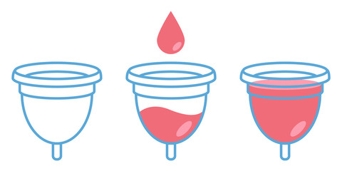 Menstrual cup in use, female period hygiene product. Vector illustration set isolated on white.