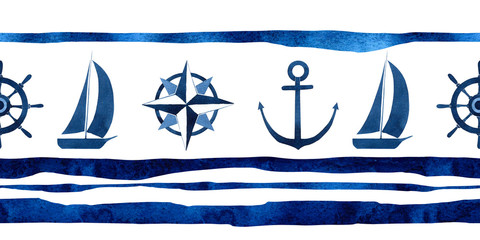 The seamless border pattern of marine decorative elements (anchor, ship, wind rose) and blue stripes hand drawn in watercolor isolated on a white background.  Seamless border 5000x2500px © Tatiana
