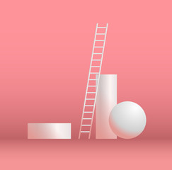 Pink tone geometric minimal scene with stairs, ball, cylinder. Trendy vector abstract 3d background