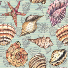 Watercolor hand drawn artistic colorful undersea ocean life seamless color pattern